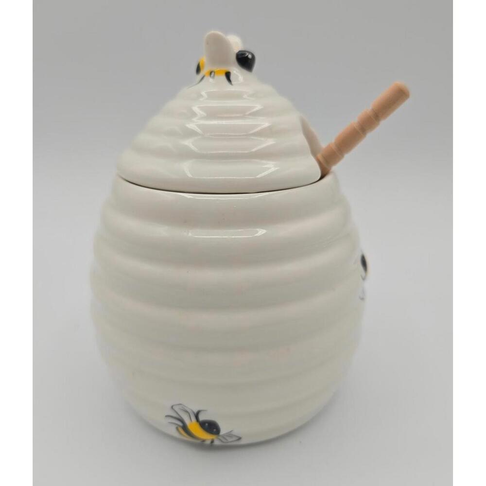 Ceramic White Bee Hive Honey Pot with Wooden Dipper